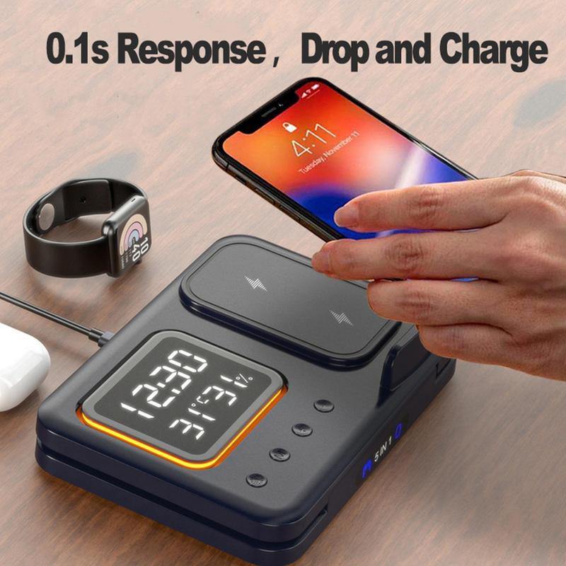 15-W-Wireless-Ladegerät mit Ständer, 5-in-1-LED-Digitalwecker, Schnellladestation