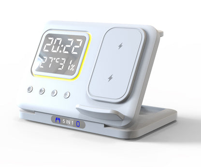 15-W-Wireless-Ladegerät mit Ständer, 5-in-1-LED-Digitalwecker, Schnellladestation